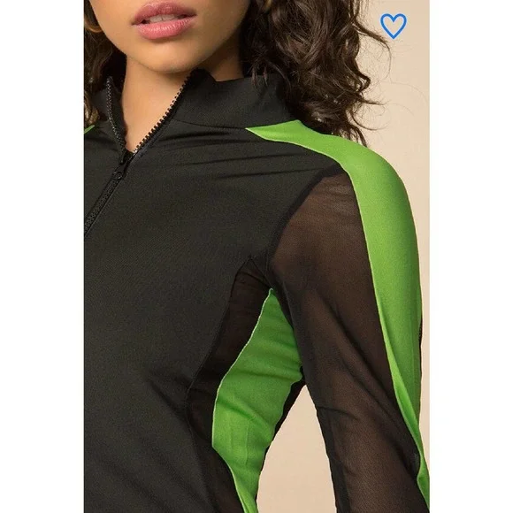 Superdown Mesh Long Sleeve 1/4 Zip Bodycon Mini Dress Black Green Womens Small - Picture 3 of 12